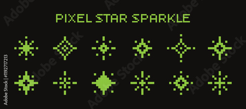 Collection of pixel star sparkle icons in a bright green color on a black background. 8 bit shiny game pixel art effect. Y2K stars in retro style. Vector illustration 
