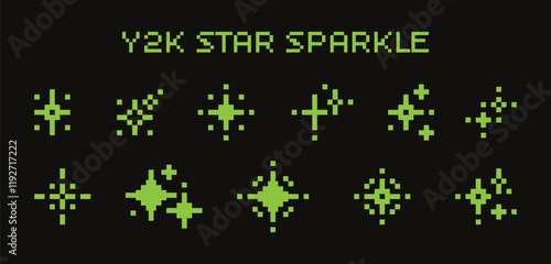 Collection of pixel star sparkle icons in a bright green color on a black background. 8 bit shiny game pixel art effect. Y2K stars in retro style. Vector illustration 