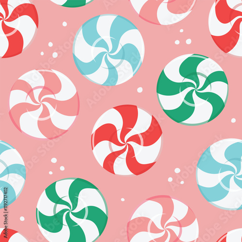 Seamless pattern with colorful mint candy, traditional lollipop sweets. Hand drawn vector illustration