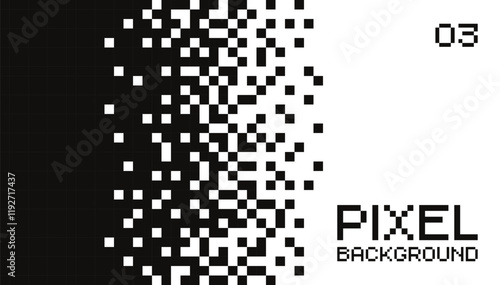 Minimalistic pixelated black and white background with a smooth gradient transition placed horizontally. Illustration disintegrates or dissolves to the pixel. Vector illustration 