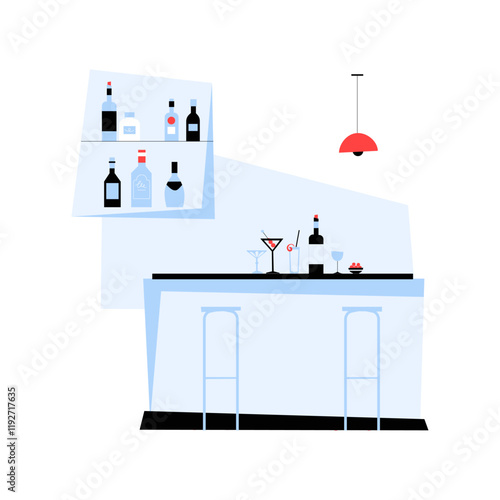 Bar Counter With Drinks And Bottles In Flat Vector Illustration Symbolizing Relaxation, Leisure, And Hospitality, Isolated On White Background.