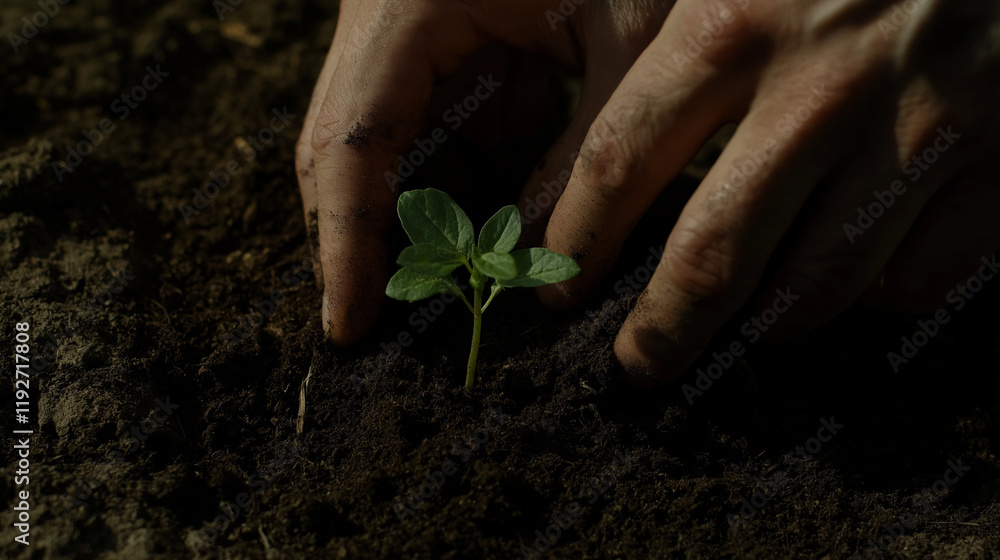 Fototapeta premium A hands gently pressing a green seedling, person holding a leaf in the forest, hand holding a leaf, plant in hand
