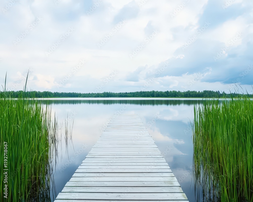 Naklejka premium Serene Lake View with Wooden Dock and Green Reeds