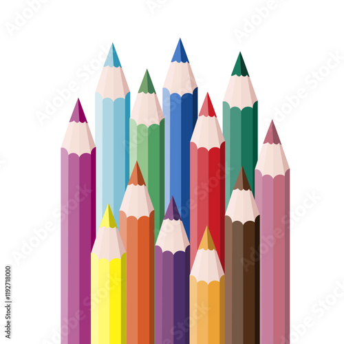 Set of coloured pencils in different order Design on the theme Back to school. Isolated vector illustration for background, drawing, postcard, notebook, packaging, studying