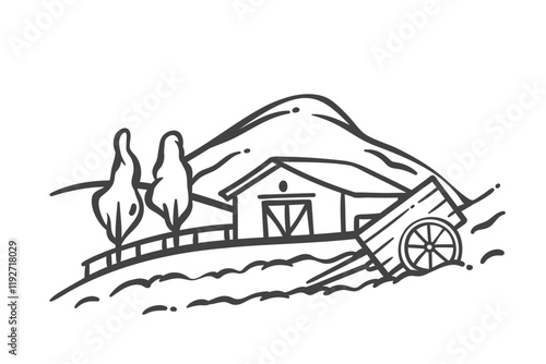 Barn and wooden wheelbarrow on field, farm landscape line icon. Outline hand drawn retro farmers tool in farmyard, farm house and hill. Agricultural work mascot, rural scene icon vector illustration