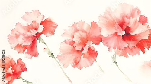 A close-up of watercolor carnations in gentle pink and red tones, floating elegantly on a light cream background. The flowers are delicately rendered with soft, flowing brushstrokes, evoking  photo