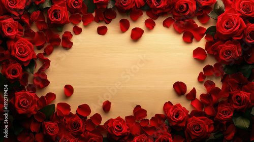 beautiful arrangement of red roses and petals surrounding wooden table, perfect for romantic occasions or celebrations. vibrant colors create warm and inviting atmosphere