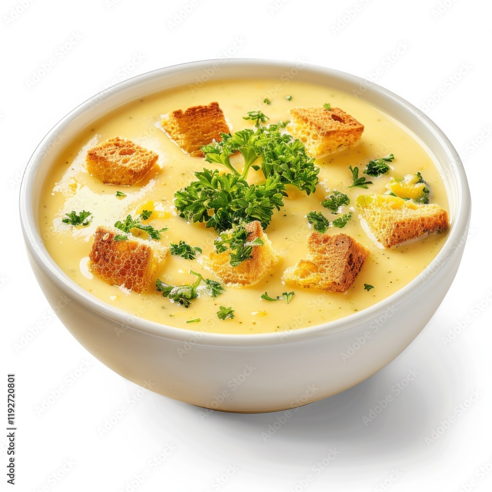 A bowl of creamy broccoli cheddar soup with croutons and parsley garnish, isolated white background, realistic art style A bowl of creamy broccoli cheddar soup with croutons and parsley garnish, isolated white background, realistic art style