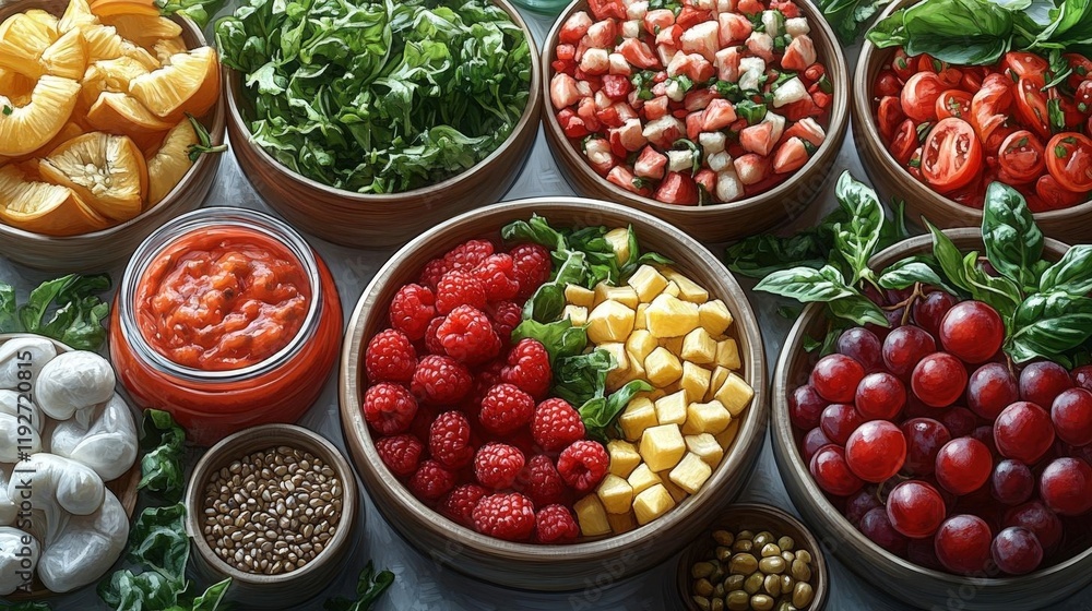 A vibrant array of fresh fruits, vegetables, and healthy ingredients, ready for a delicious and nutritious meal. A vibrant array of fresh fruits, vegetables, and healthy ingredients, ready for a delicious and nutritious meal.