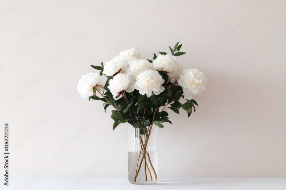 Fototapeta premium Bouquet of white peonies in a glass vase on a white table