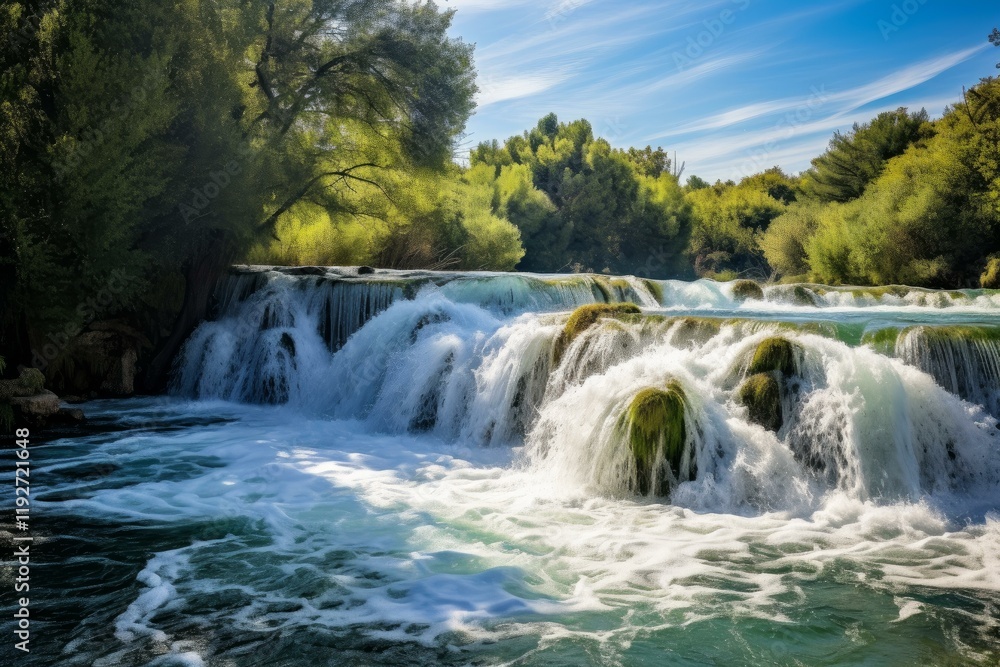 Beautiful waterfall cascading over mossy rocks in a lush green forest, creating a stunning natural landscape Beautiful waterfall cascading over mossy rocks in a lush green forest, creating a stunning natural landscape