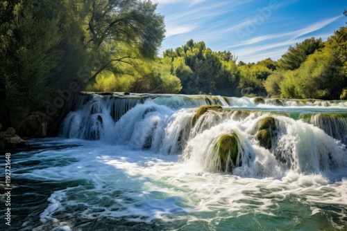 Beautiful waterfall cascading over mossy rocks in a lush green forest, creating a stunning natural landscape