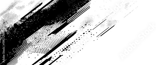 Vector black Ink splatter brush stroke on white halftone dots abstract background