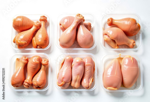 Freshly Packaged Chicken Cuts in Transparent Containers on White Surface photo