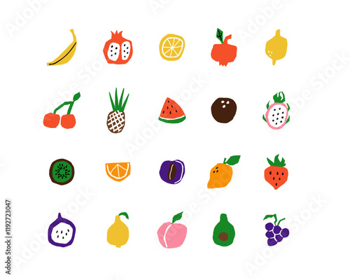 Fruit doodle abstract. Geometry minimalistic organic food, banner in cartoon flat style. Simple shape and figure. Flyer, poster, natural products. Summer poster. Vector isolated icon illustration