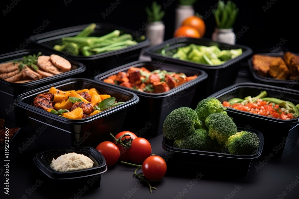 Various healthy prepared meals and ingredients are displayed in black containers, offering convenient and nutritious meal options Various healthy prepared meals and ingredients are displayed in black containers, offering convenient and nutritious meal options