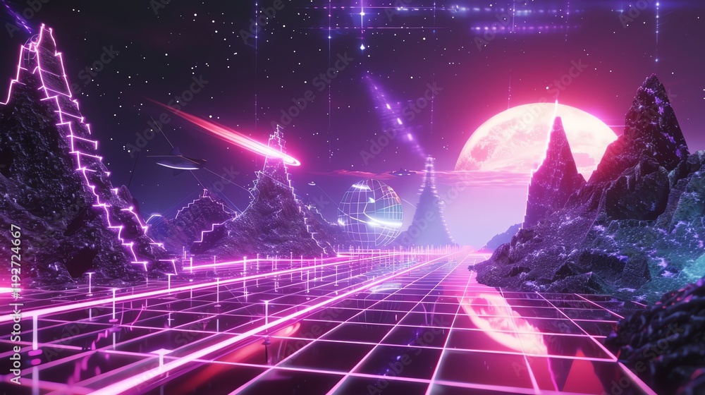 Fototapeta premium A digital illustration of a retrofuturistic landscape with mountains and a glowing pink sun.