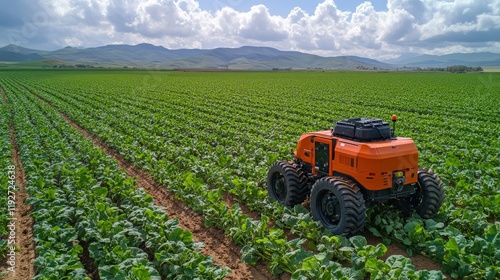 Autonomous Agricultural Vehicle Working in a Lush Green Field with Rows of Vegetables Under a Bright Blue Sky and Majestic Mountains in the Background