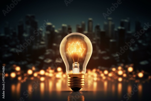 Lit light bulb illuminating cityscape bokeh background representing new ideas, innovation, and creativity