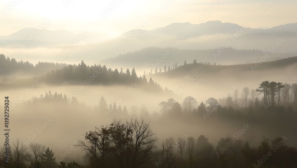 Fototapeta premium Misty mountain landscape at dawn.