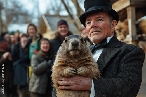 A man in a tailcoat and a black hat holds a sleepy groundhog that was woken up on the traditional holiday Groundhog Day. photo