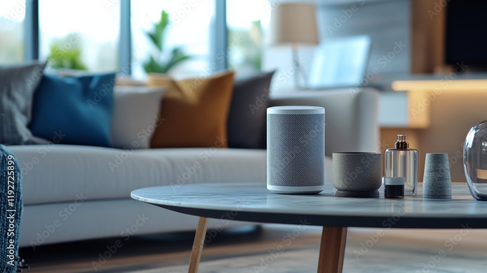 A chic wireless smart speaker on a stylish coffee table in a contemporary living space, representing the role of tech in modern entertainment and connectivity, Living room scene A chic wireless smart speaker on a stylish coffee table in a contemporary living space, representing the role of tech in modern entertainment and connectivity, Living room scene