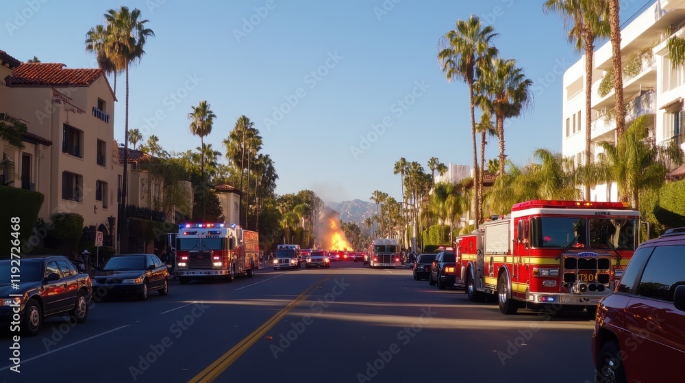 Residential street fire scene with emergency vehicles and palm trees Residential street fire scene with emergency vehicles and palm trees
