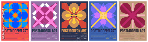 Postmodern art colorful trendy poster, abstract geometric composition graphic in Y2K aesthetics, vector simple shapes acid print artwork modernism and minimalistic brutal style A4 format set 2