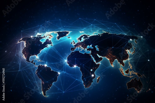 Global network connecting cities around the world, creating a futuristic digital communication system