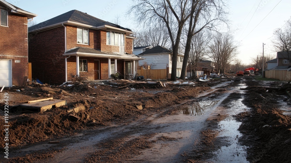 Fototapeta premium REACT Month Residential street after flood with debris and muddy roads