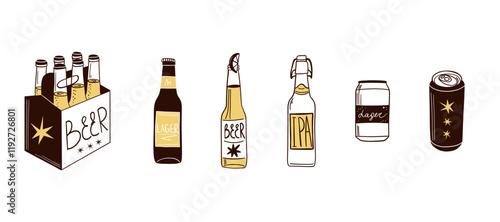 Beer set. Bottle, glass and can. Alcohol beverages, ale, lager and ipa, craft foam barrel or brewery. Oktoberfest festival symbols. Different pub and bar drinks. Vector isolated illustration