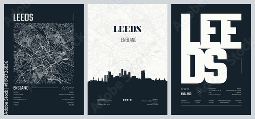 Set of travel posters with Leeds, detailed urban street plan city map, Silhouette city skyline, vector artwork, set 2