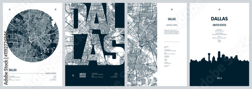 Set of travel posters with Dallas, detailed urban street plan city map, Silhouette city skyline, vector artwork
