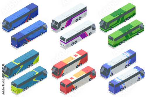 Isometric vector illustration of a purple double-decker bus. Modern design for intercity or international travel. Ideal for transport and travel-related concepts