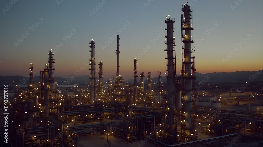 A vast oil refinery complex bathed in the soft hues of sunset, with lights glowing across the plant and massive industrial structures standing tall under the fading light A vast oil refinery complex bathed in the soft hues of sunset, with lights glowing across the plant and massive industrial structures standing tall under the fading light