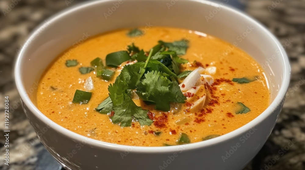 Creamy spicy soup with cilantro and peppers in white bowl on granite surface Creamy spicy soup with cilantro and peppers in white bowl on granite surface