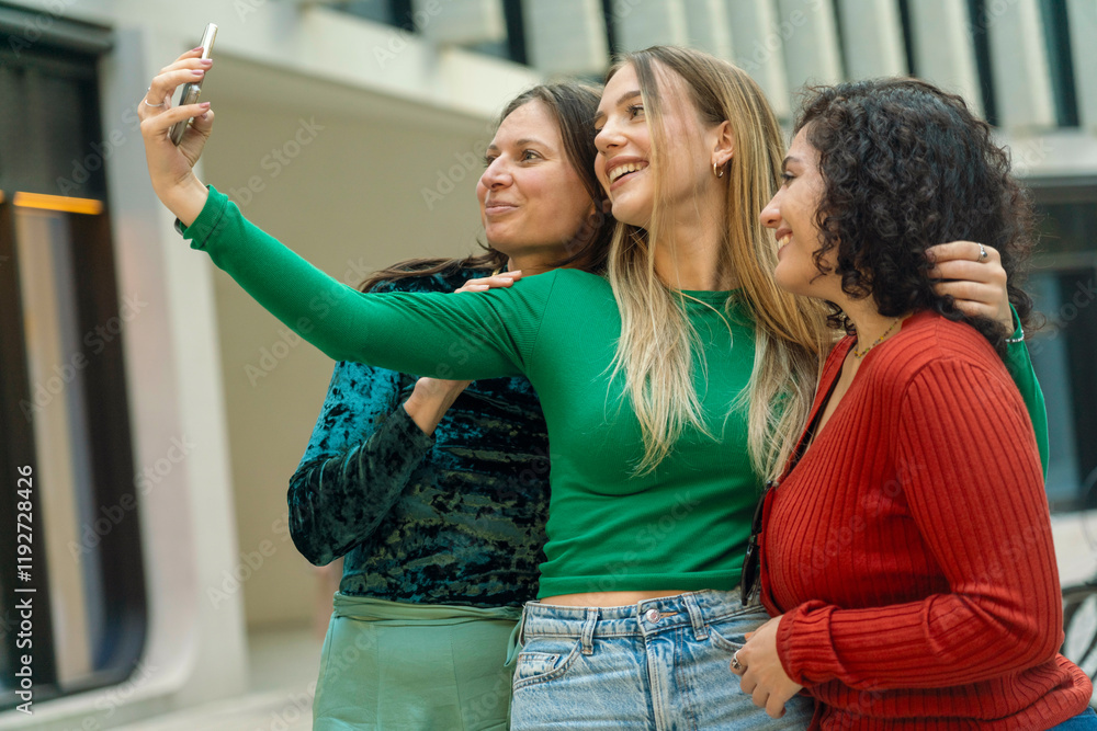 Three smiling women taking a selfie together with a smartphone in an urban setting, Berlin, Germany Three smiling women taking a selfie together with a smartphone in an urban setting, Berlin, Germany
