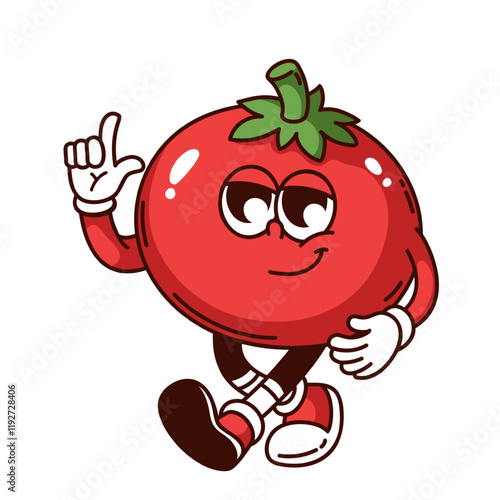 Groovy tomato cartoon character pointing finger up with smile. Funny retro cute red vegetable walking in sneakers. Food mascot, cartoon happy tomato sticker of 70s 80s style vector illustration