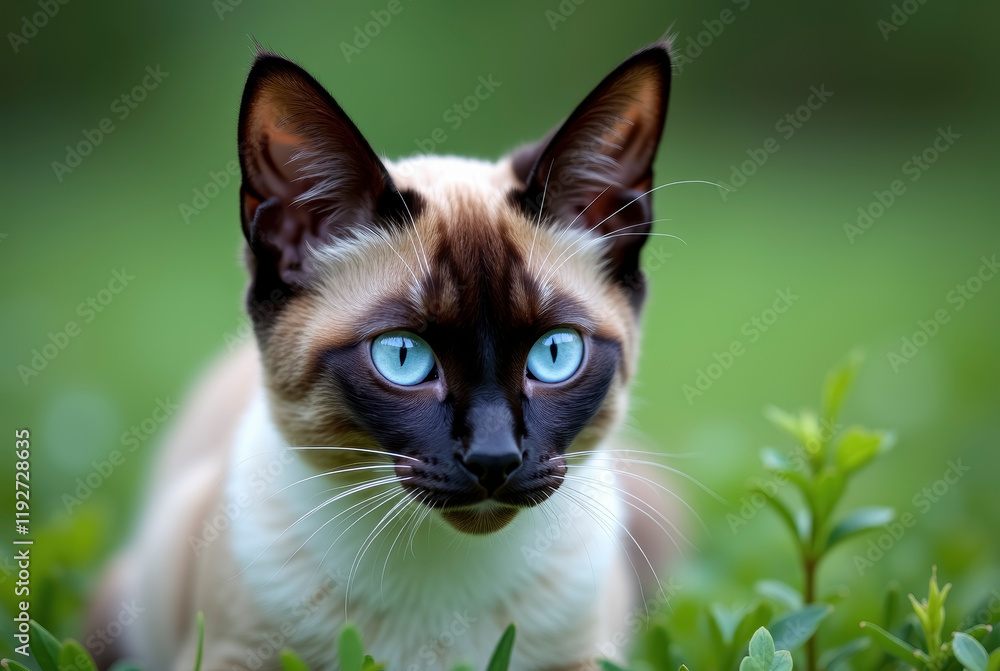 A Siamese cat with striking blue eyes gazing into the camera amidst green foliage A Siamese cat with striking blue eyes gazing into the camera amidst green foliage