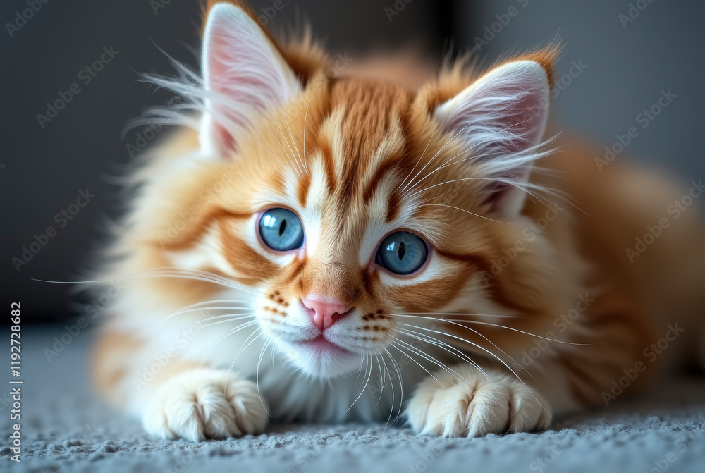 Close-up of ginger kitten with blue eyes lying on grey carpet Close-up of ginger kitten with blue eyes lying on grey carpet