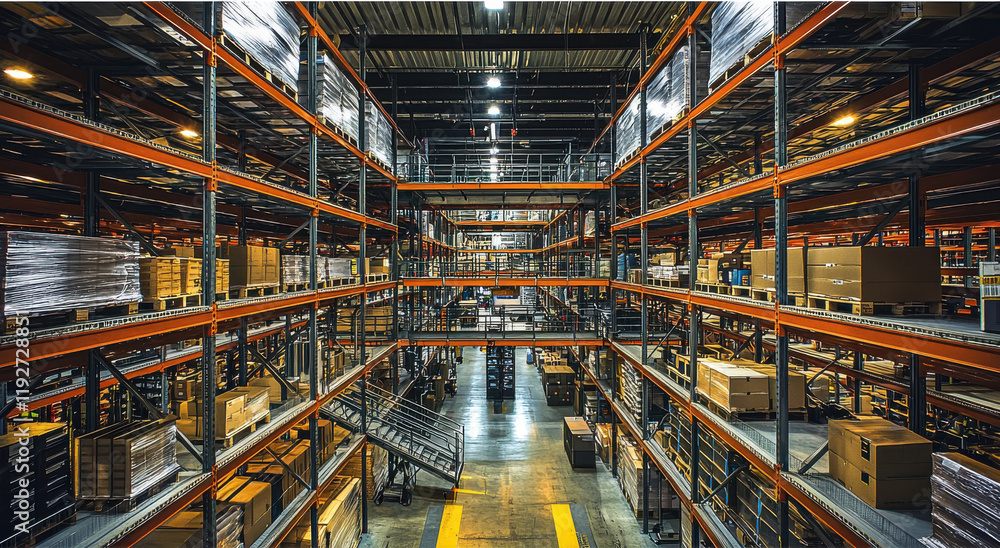Obraz premium Large industrial warehouse with multi-level shelving