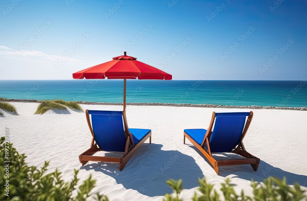 serene beach scene with white sand, blue water, red striped umbrellas, blue lounge chairs facing ocean - idyllic, relaxing day at the beach.