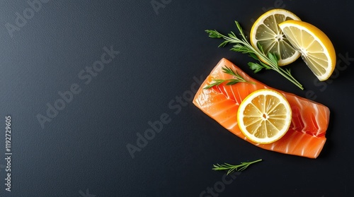 resh salmon fillet with ingredients on a black background. Gentle and soothing, elevated view. Blank space  photo