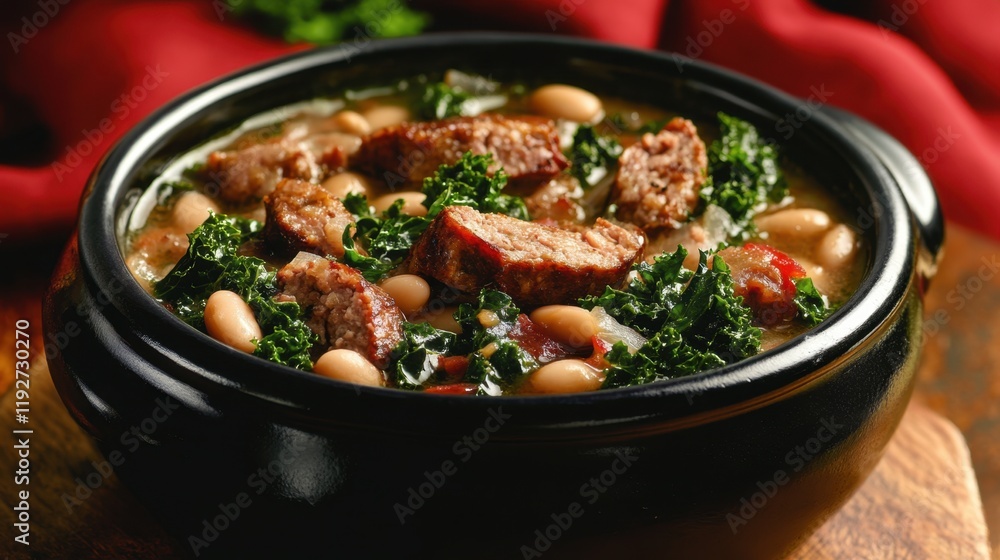 Hearty sausage, kale, and white bean stew in black bowl Hearty sausage, kale, and white bean stew in black bowl