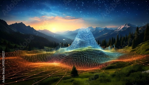A serene mountain landscape with a glowing grid overlay, symbolizing quantum fluctuations, merging nature with abstract science in a peaceful yet intriguing scene.