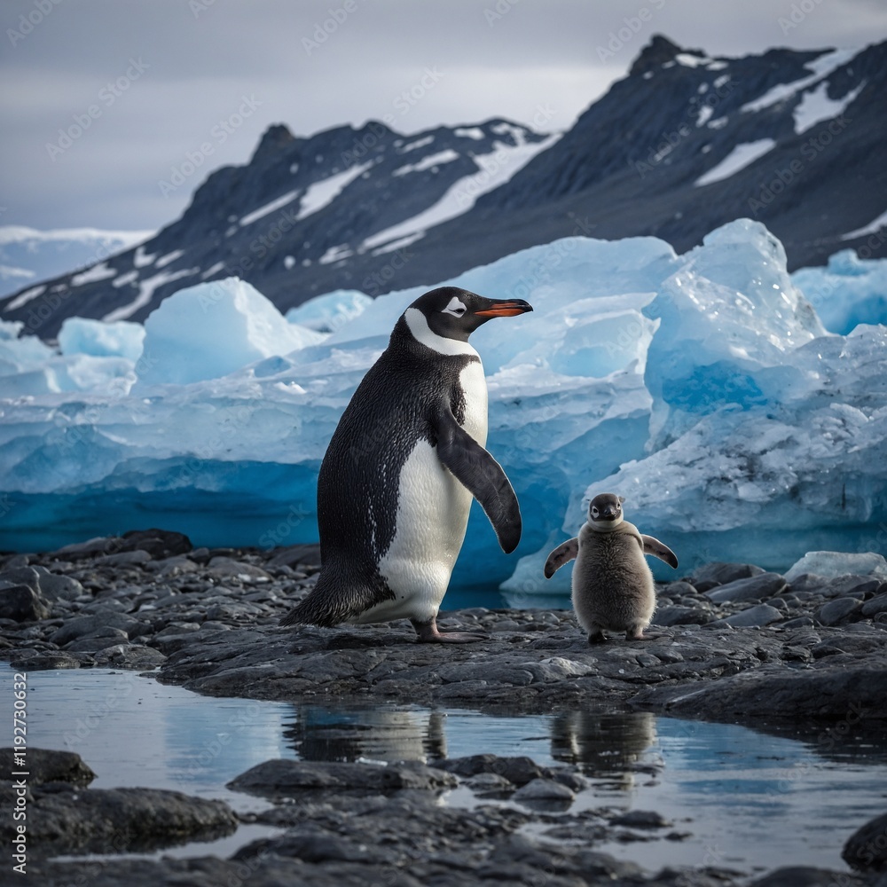 Obraz premium A penguin with its chick on a rocky Antarctic shoreline with glowing blue icebergs.