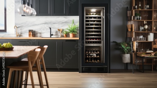 Modern kitchen with wine cooler in contemporary setting