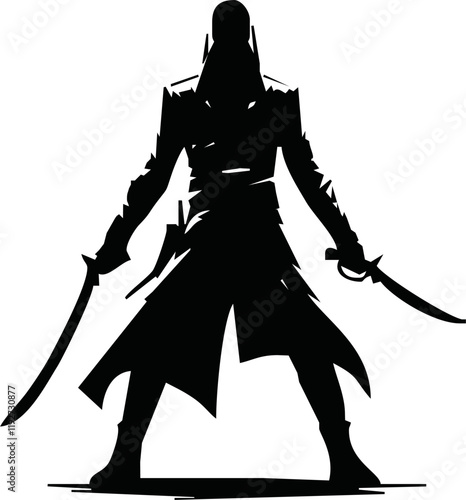 Japanese Ninja Holding Katana Silhouette Action Pose Vector. Combat silhouette. Warrior Weapon silhouette. Ninja silhouette isolated on white background. Ninja fighter shadow Ninja mascot.