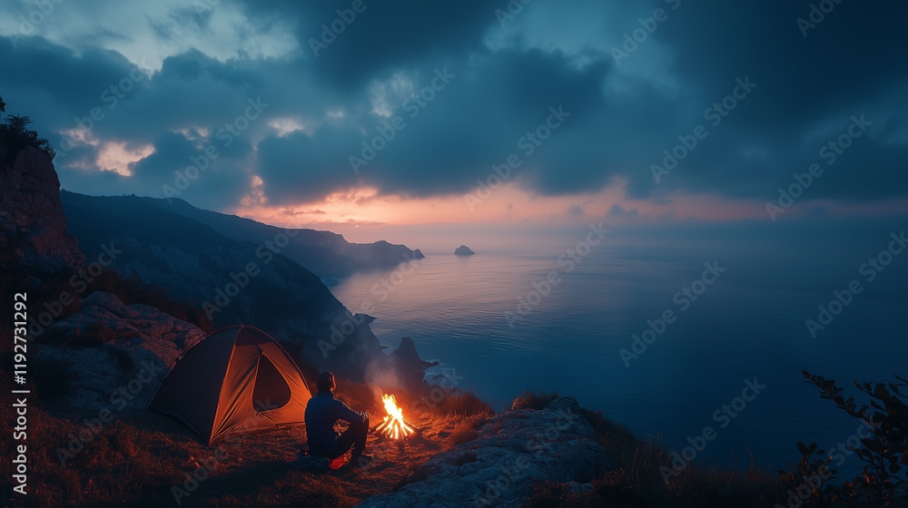 Fototapeta premium Foggy morning on the shore: a tent, mountains and a man by the fire in warm clothes.