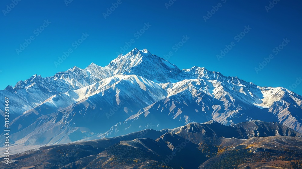 Obraz premium A snowy mountain range against a clear blue sky.